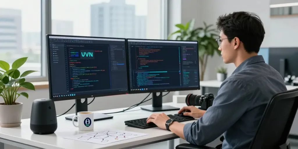 快连 VPN 安全连接的专业工作空间,技术人员在现代办公室环境中展示安全软件。
