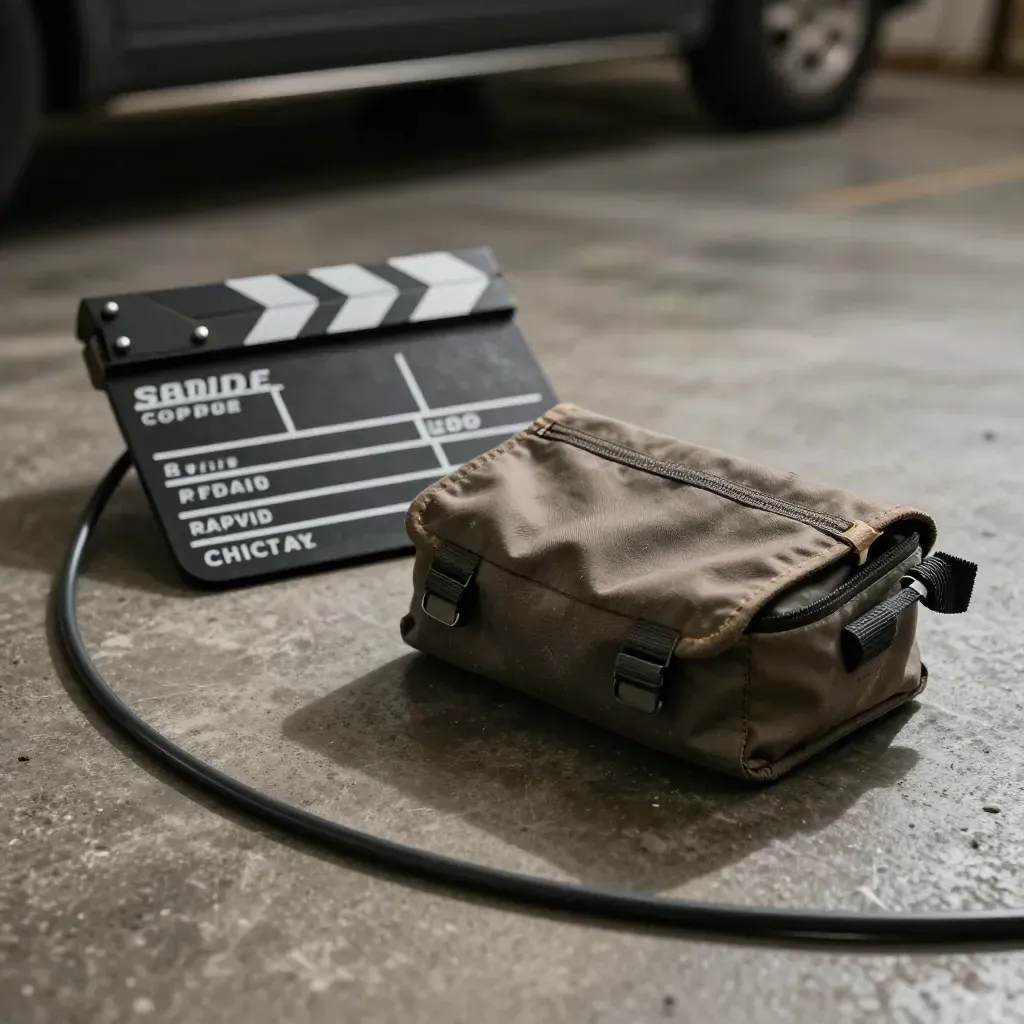 Slate chip, coiled cable, marker tags and utility pouch on dark concrete in dramatic haze.