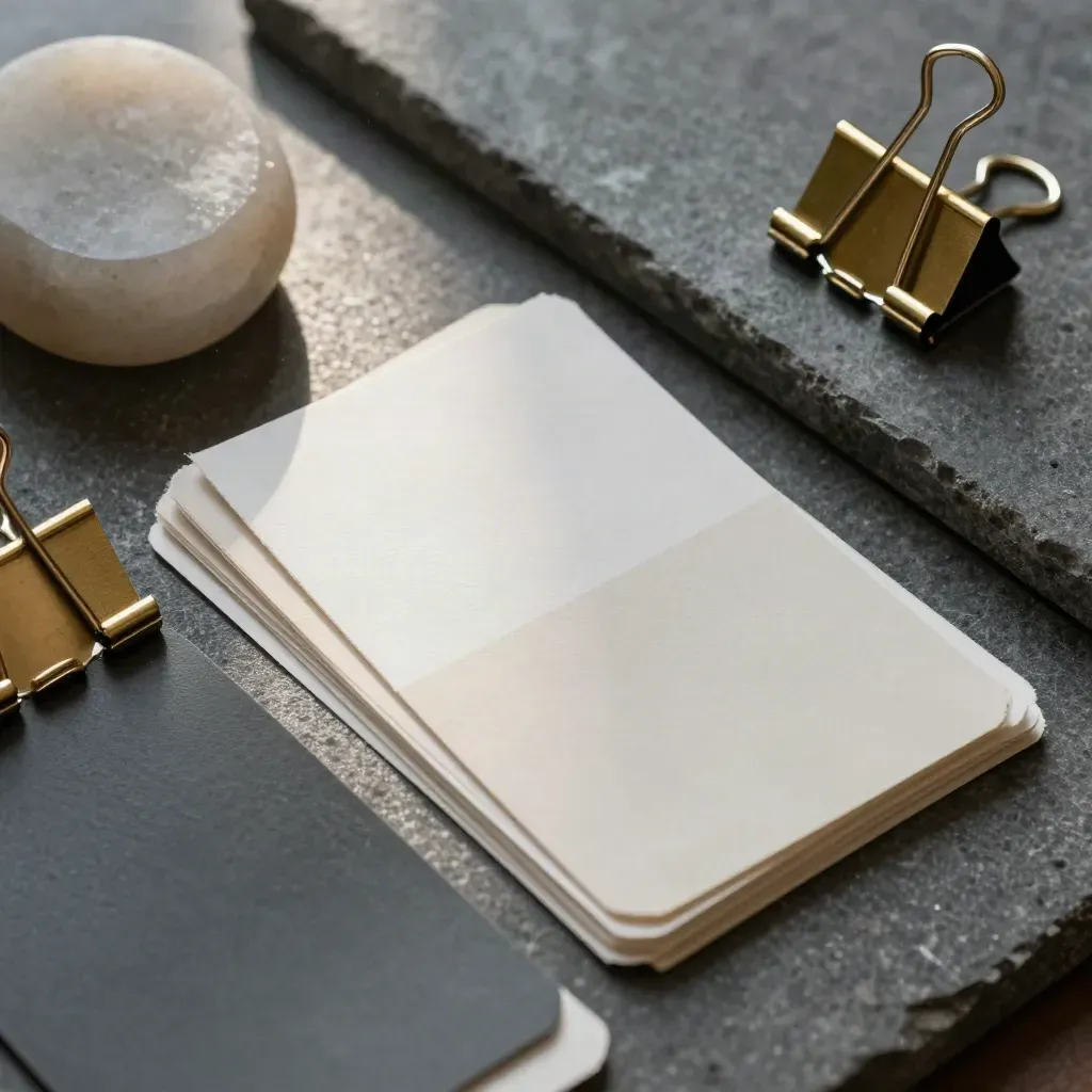 Brass clips and swatch cards on brushed stone, shot from above in moody neutral light.