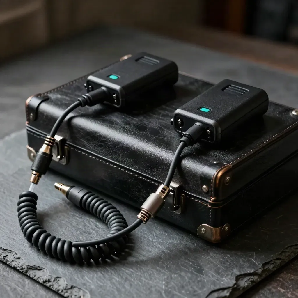 Audio recorder case, coiled XLR leads, and transmitter packs on slate