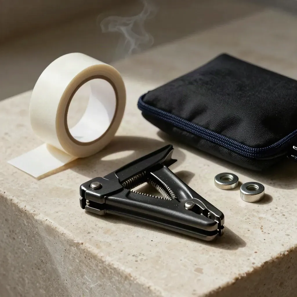 Clamps, tape, plate and pouch on pale stone under soft light.