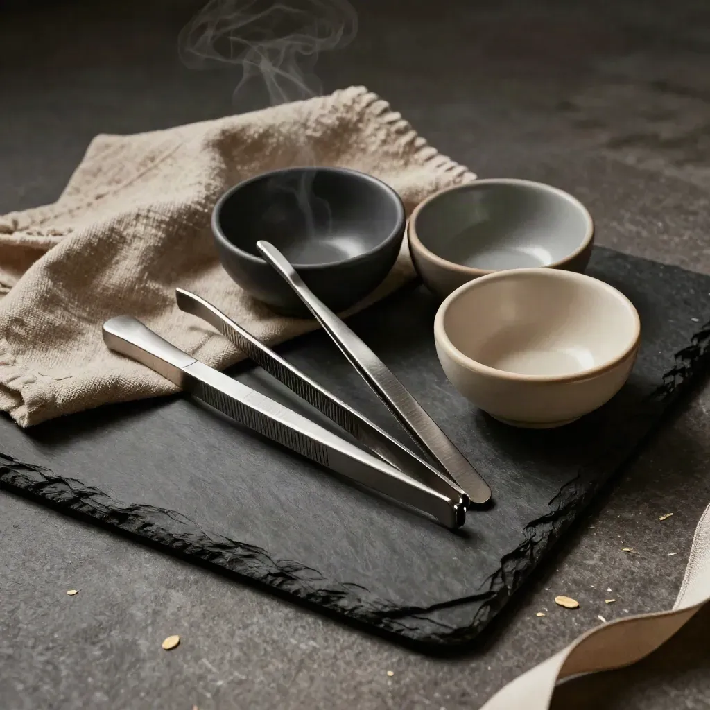 Food styling kit with tweezers, ceramic bowls, linen, slate tray, and rising steam