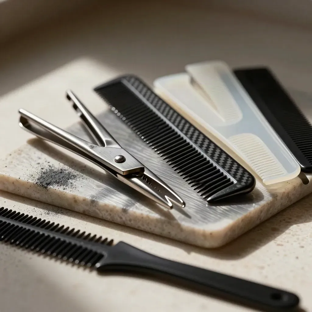 Steel sectioning clips, comb, and tray on travertine in dramatic macro light.