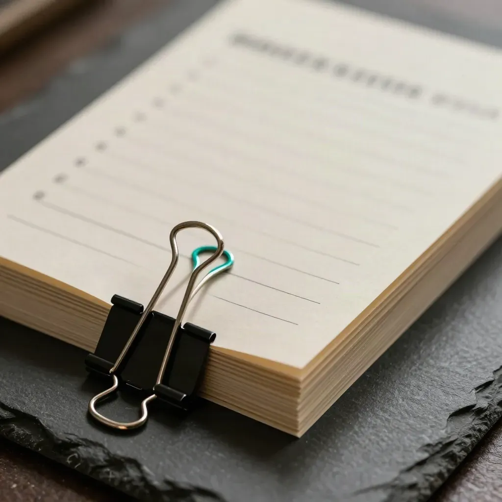 Top-down macro of shot-list cards, binder clip and steel dividers on graphite