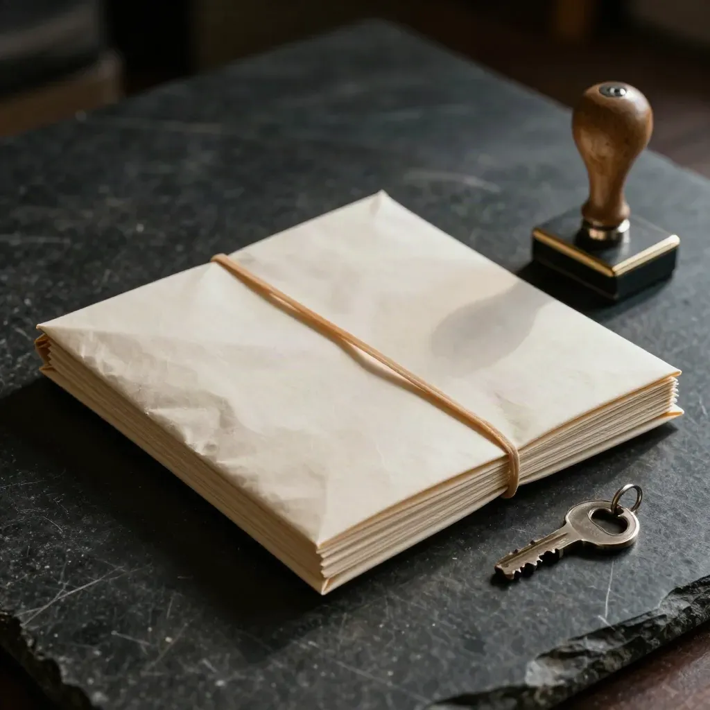 Folded call sheet packet with clip, rubber band, and stamp block on dark stone under dramatic light.