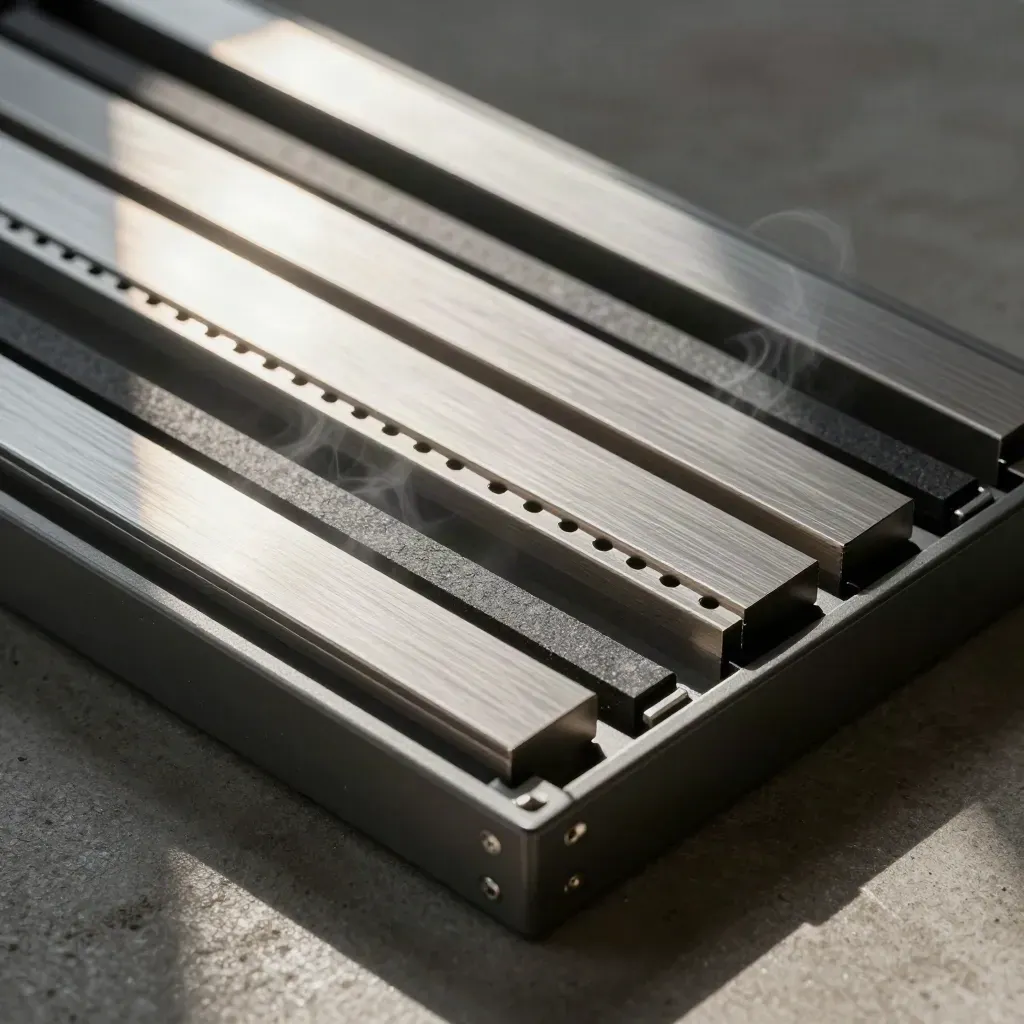 Brushed aluminium schedule blocks and perforated separators on a slate rack with faint steam.