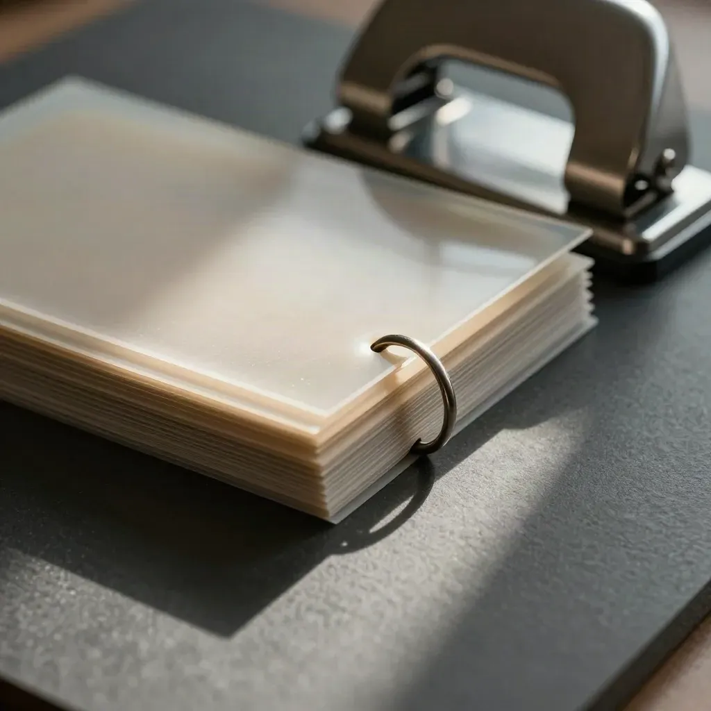 Macro still life of acetate scene breakdown sheets, split rings, and a paper punch on graphite board.