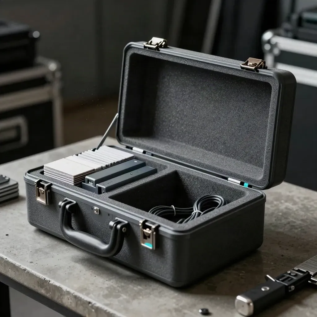 Foam asset case with batteries, card sleeves and cable wraps snapping shut on a dark surface.
