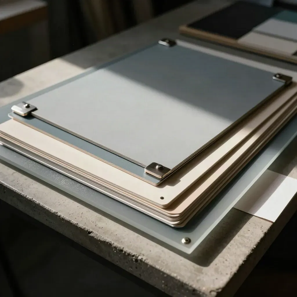 Layered swatches and matte boards stacked on a concrete bench with frosted acrylic foreground