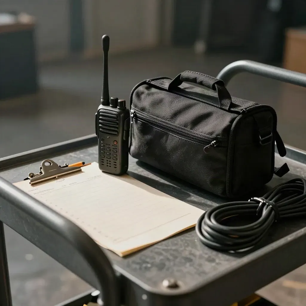 Film producer prep pack with radio, call-sheet papers, case, pencil and cable on a cart