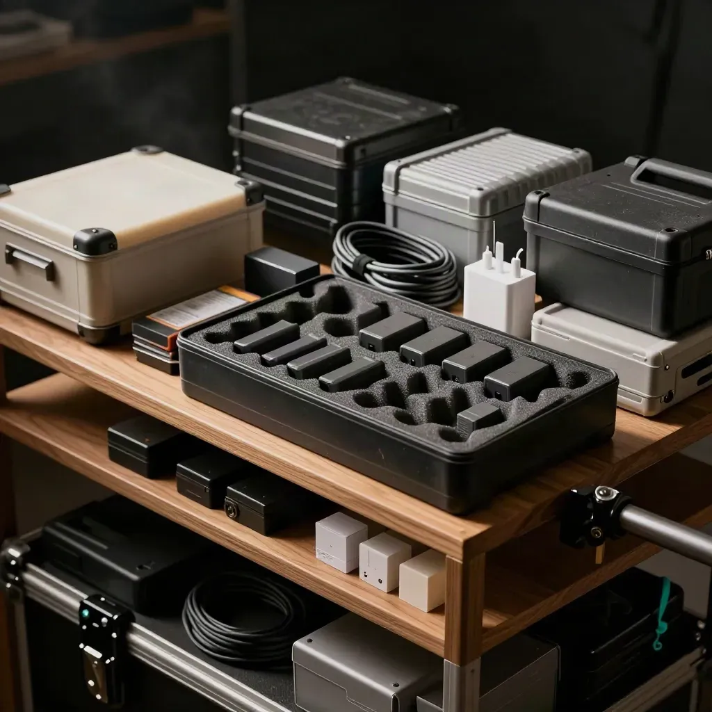Memory cards, battery bricks and cable wraps packed on a honey-oak shelf.