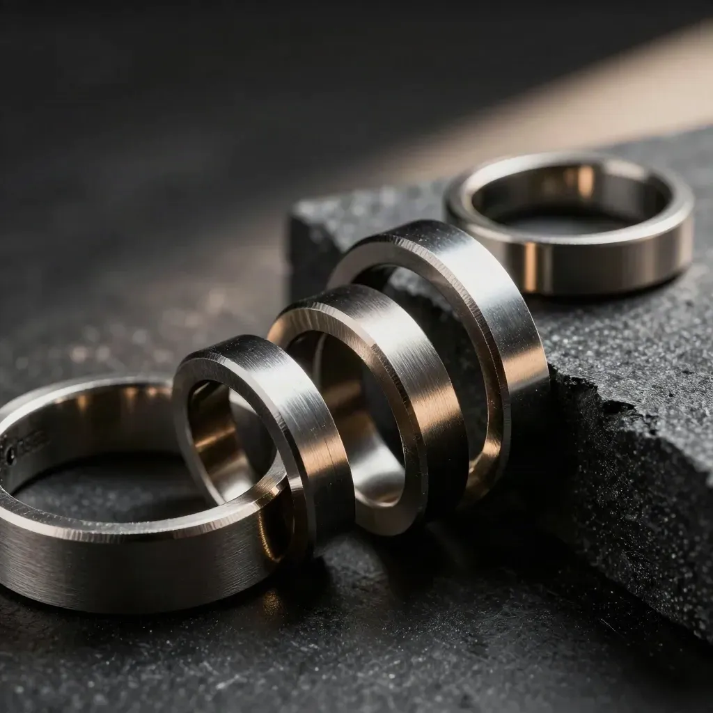 Interlocking metal rings and clamps on brushed steel in dramatic studio light.