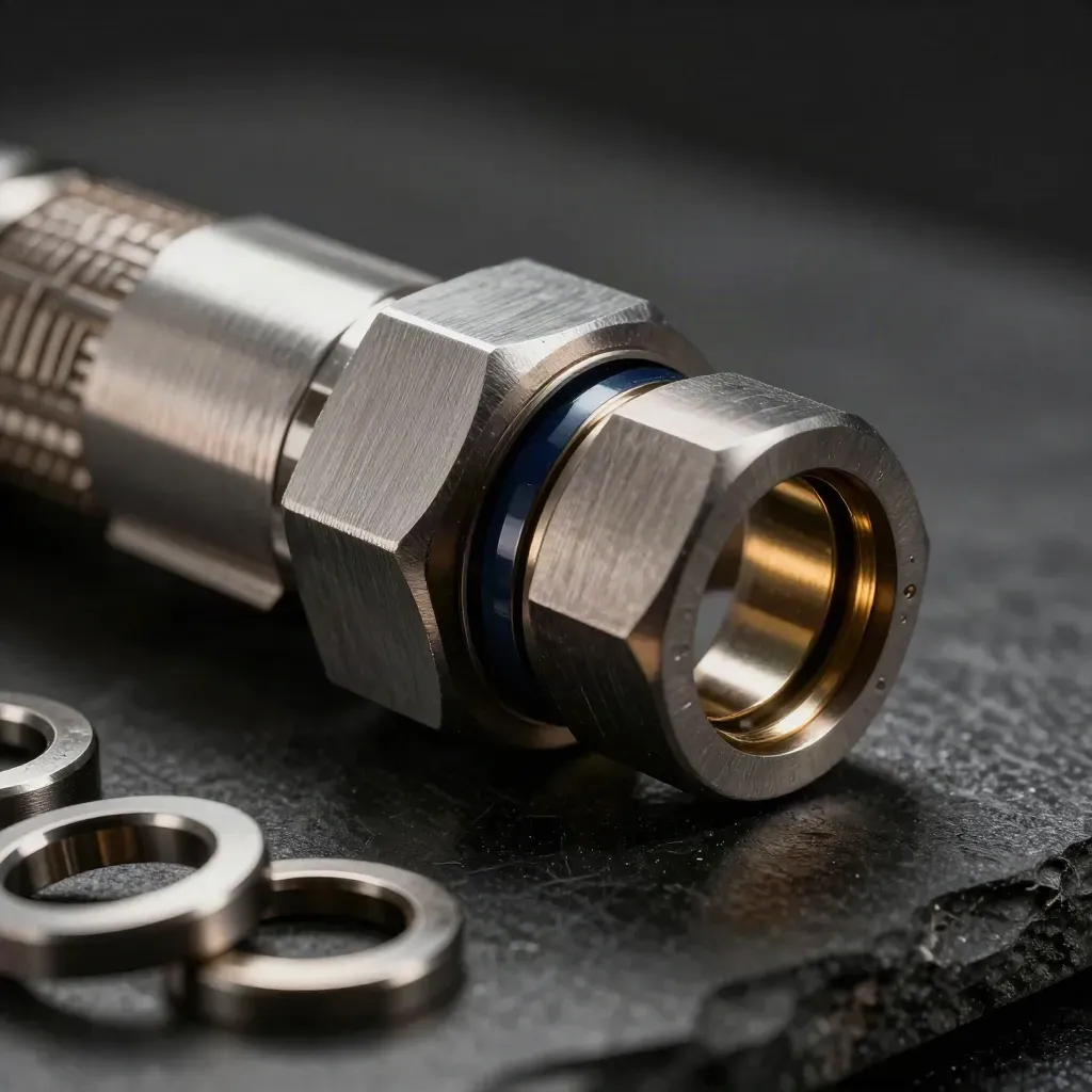 Macro of metal connector plates and ring couplers locking together on dark stone