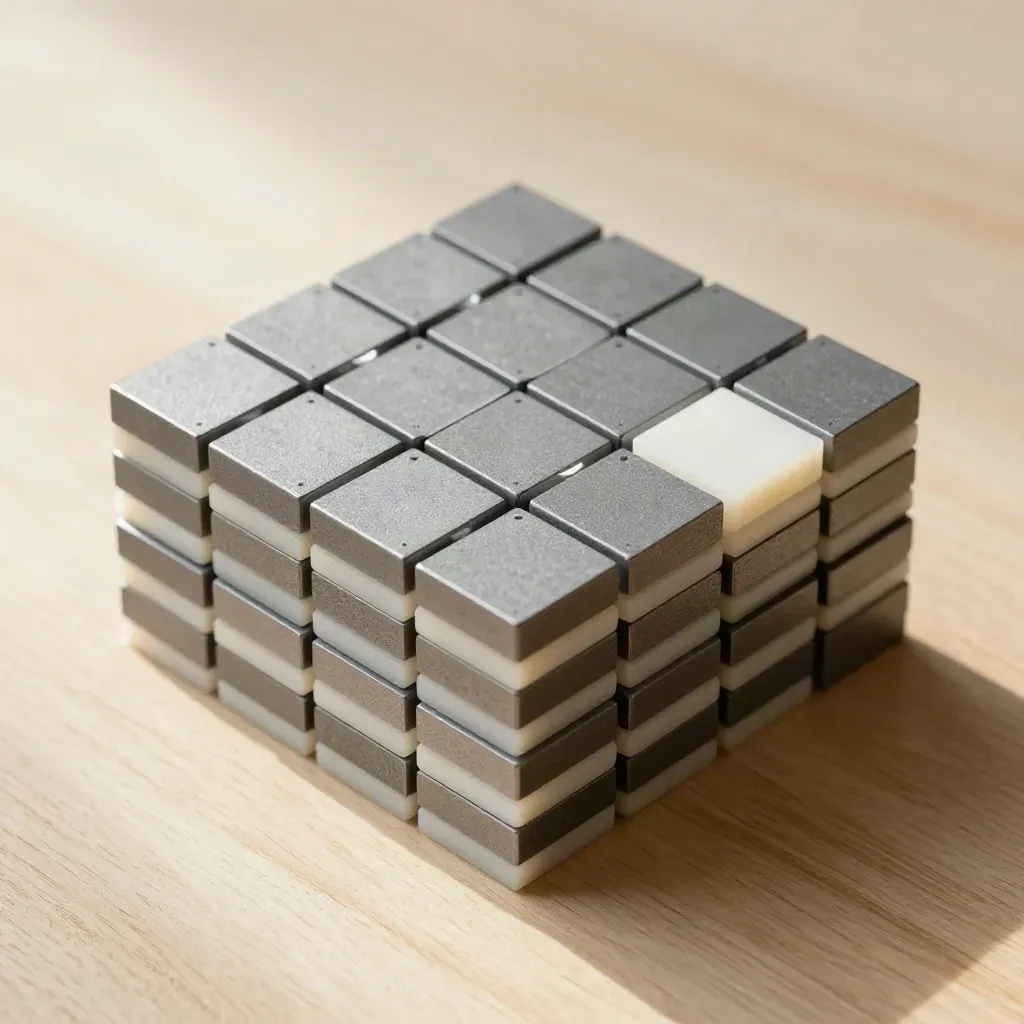 Graphite cubes and a white spacer tile snapped into a neat grid on pale wood