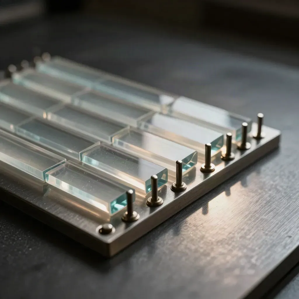 Close-up of acrylic tiles and metal spacers aligned on brushed aluminium.
