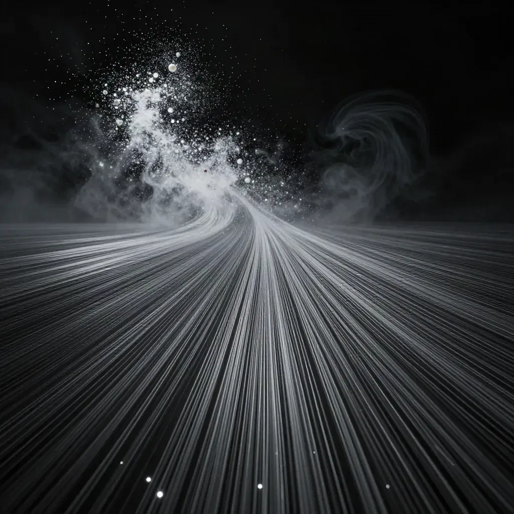 Silver filaments bloom in graphite haze with calm empty space for headline.